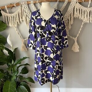 Boden Purple black Floral 100% Silk 3/4 Sleeve V-Neck Summer Dress Size 6R